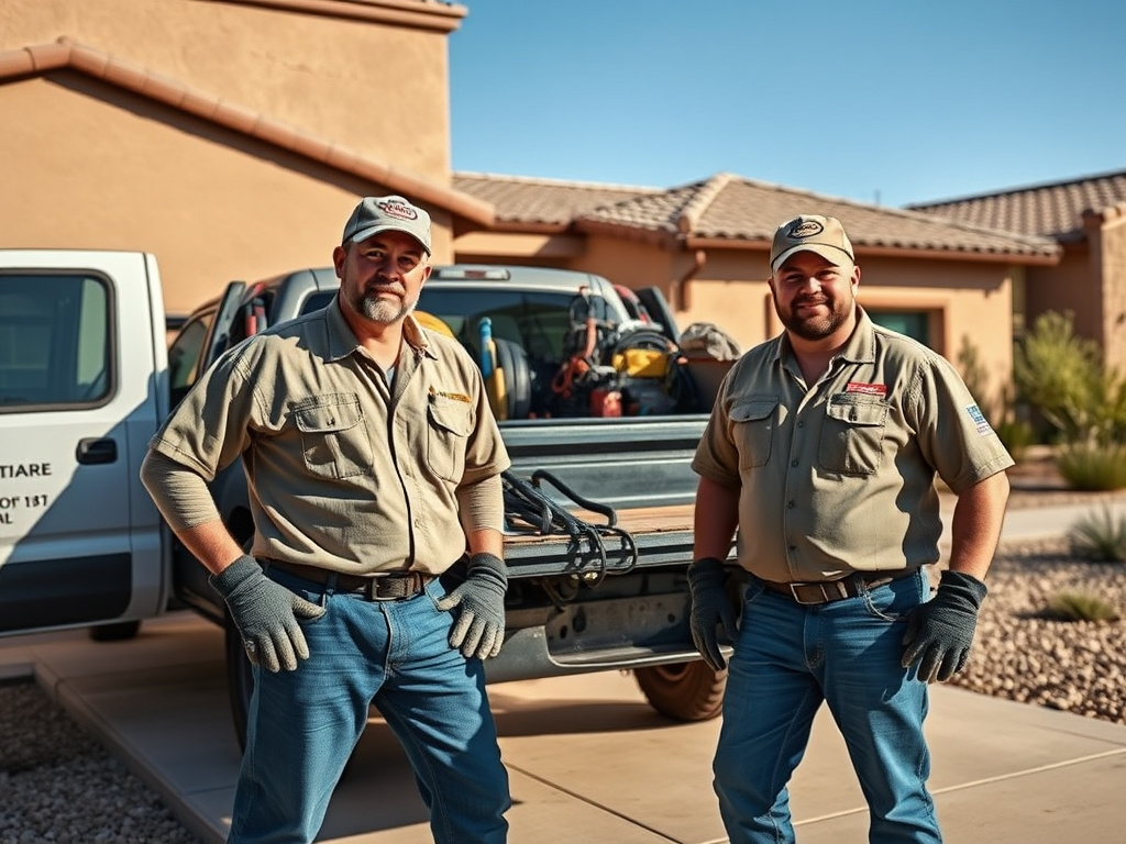 Concrete crew standing beside a work truck at a residential job site near Queen Creek, Arizona