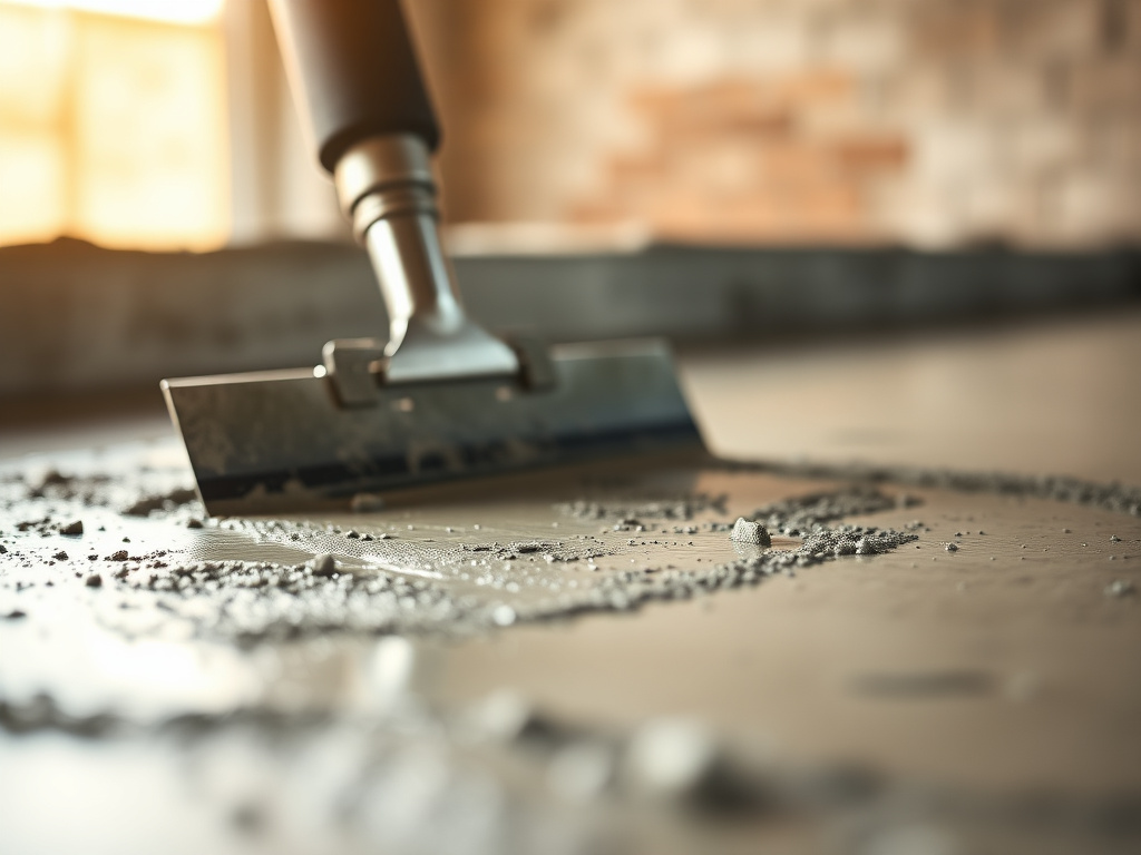 Close-up of a trowel finishing fresh concrete surface