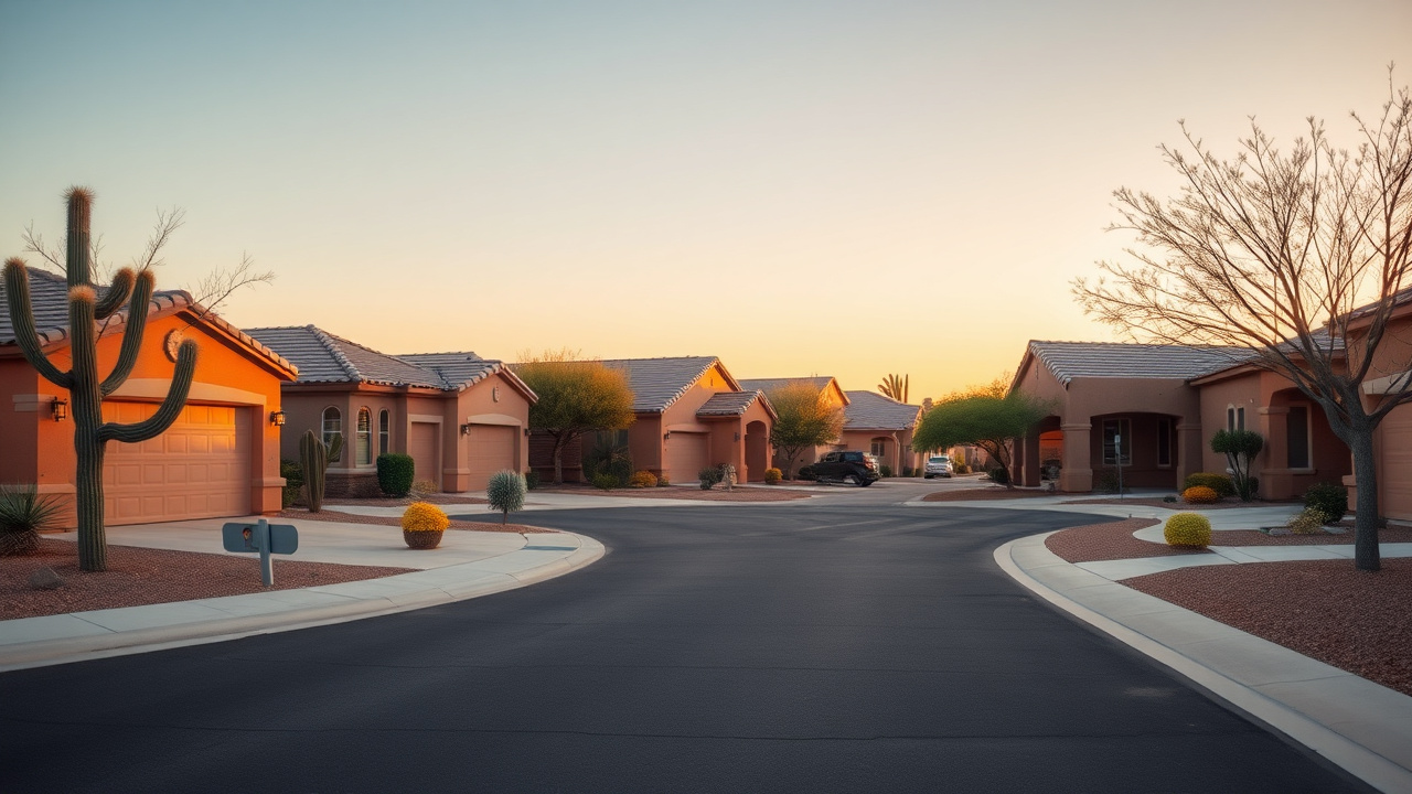 Suburban Queen Creek, Arizona neighborhood with new concrete driveways and desert landscaping